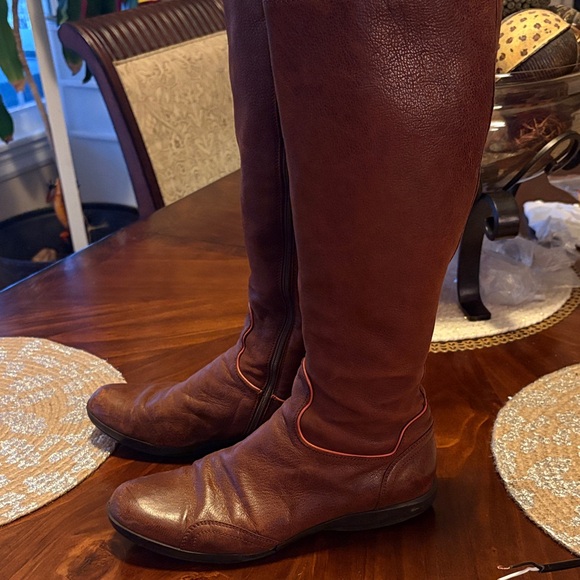 Prada Women's Over-the-Knee Leather Boots in Deep Brown with Red Piping
